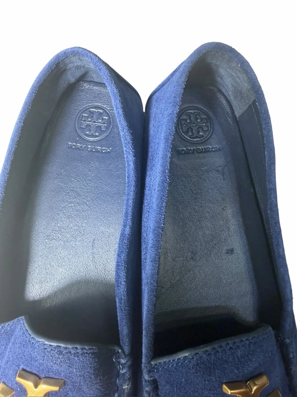 Tory Burch Everly driver loafers royal navy suede, emblem brass logo NEW size 7